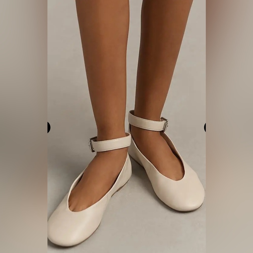 NEW By ANTHROPOLOGIE Ivory Leather ANKLE STRAP Ballerina flats 8 NIB
